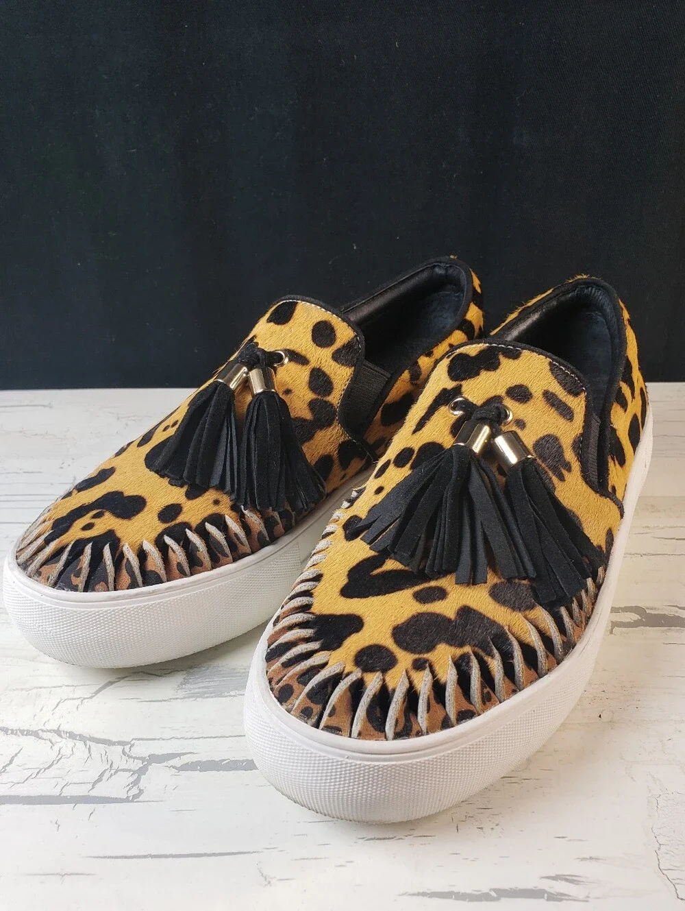 J/Slides NYC Aztec Leopard Print Calf Hair Slip-On Platform Sneakers - size 7.5